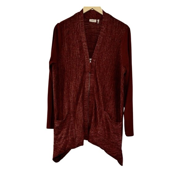 LOGO Lori Goldstein Maroon Assymetrical Pocket Full Zip Jacket Sweater Large - Picture 1 of 8